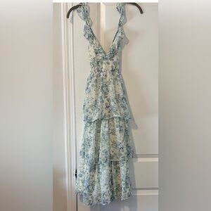 Altar’d State Floral Ruffle Tiered Midi / Maxi Dress - Light Blue & Cream